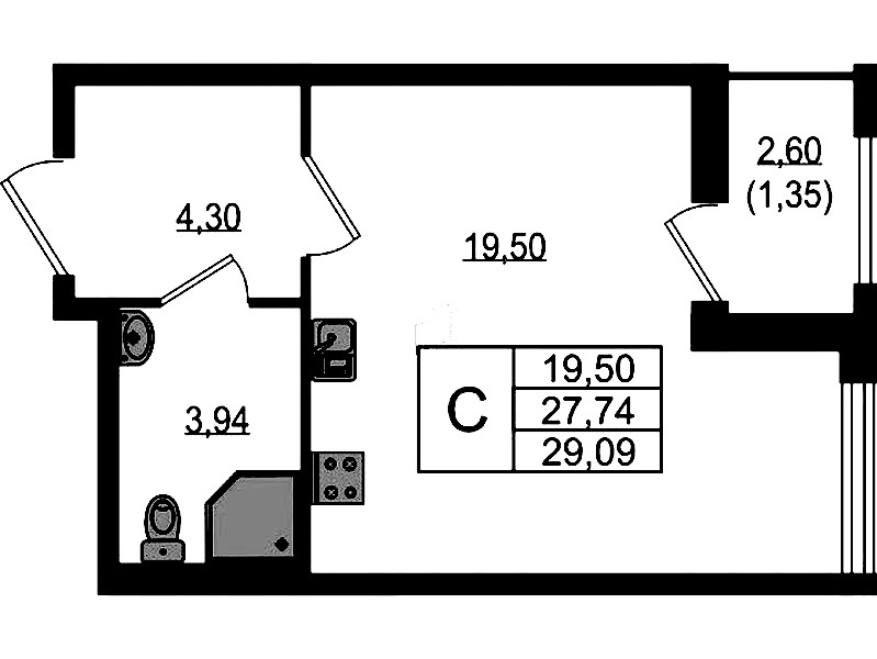 Квартира студия 29.09 м², 18/18 эт., ЖК «Южная Нева»
